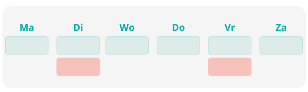 Dark rounded schedule panel with six teal input fields labeled Ma–Za; two red action blocks under Di and Vr.