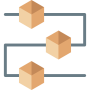 Three 3D brown cubes placed along a blue zigzag line, resembling a simple flow diagram or process steps.