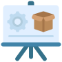 Presentation board with a gear and a cardboard box, and a progress line on a light blue background—suggesting setup or configuration.